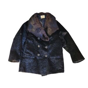 VTG 60s Styled By Winter Women S Black Wool Boucle 3/4 Slv Crop Jacket Brown Fur